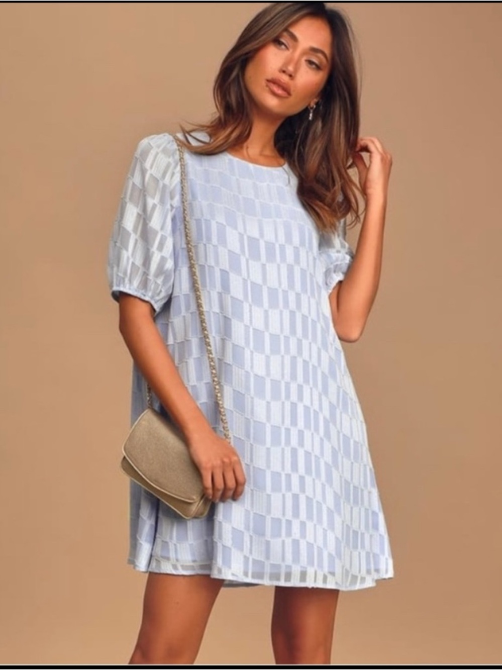 Lulu’s Check Up On It Blue and Gold Puffed Sleeve Shift Dress